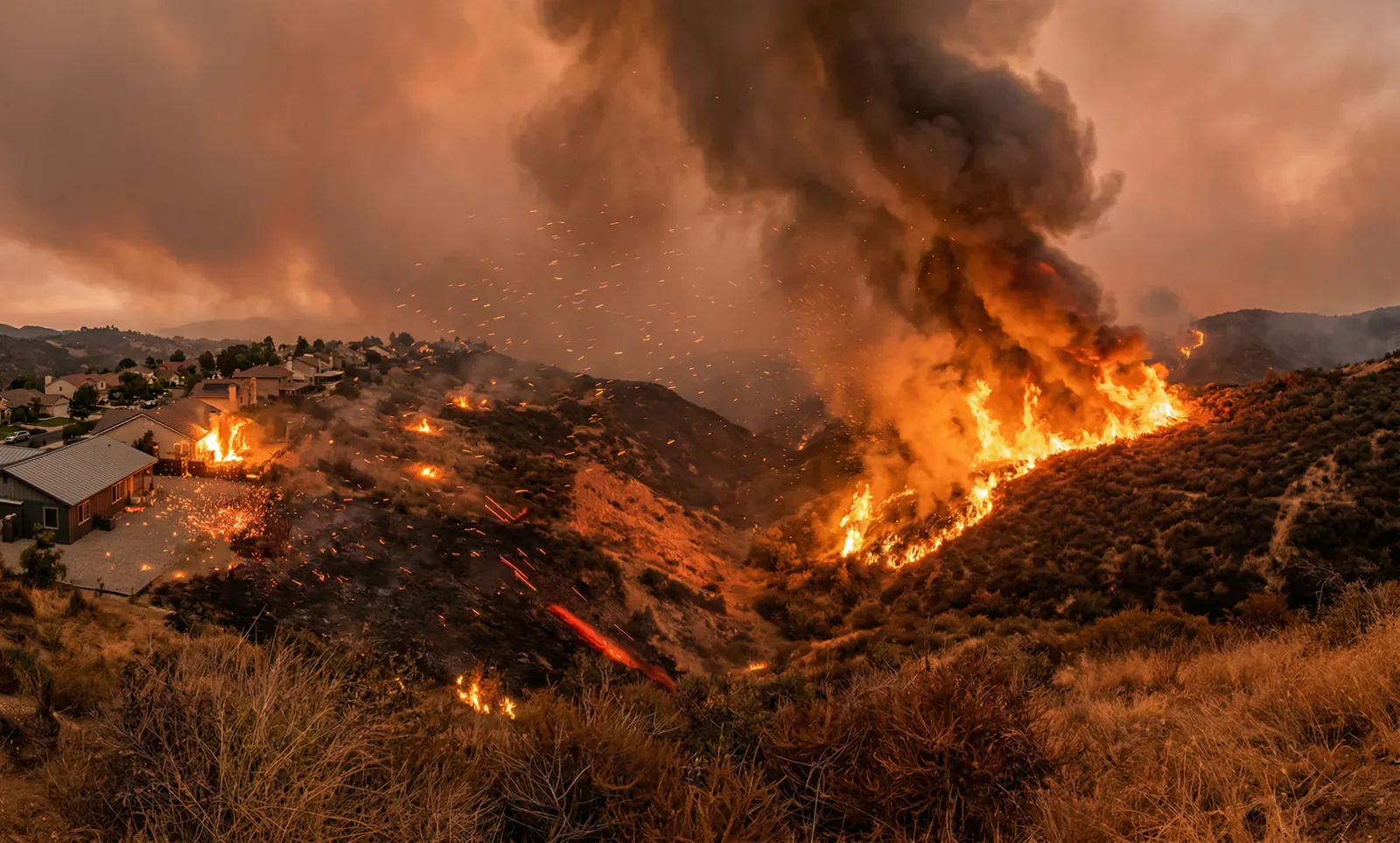 Illustration of a wildfire spreading rapidly under the influence of wind and terrain