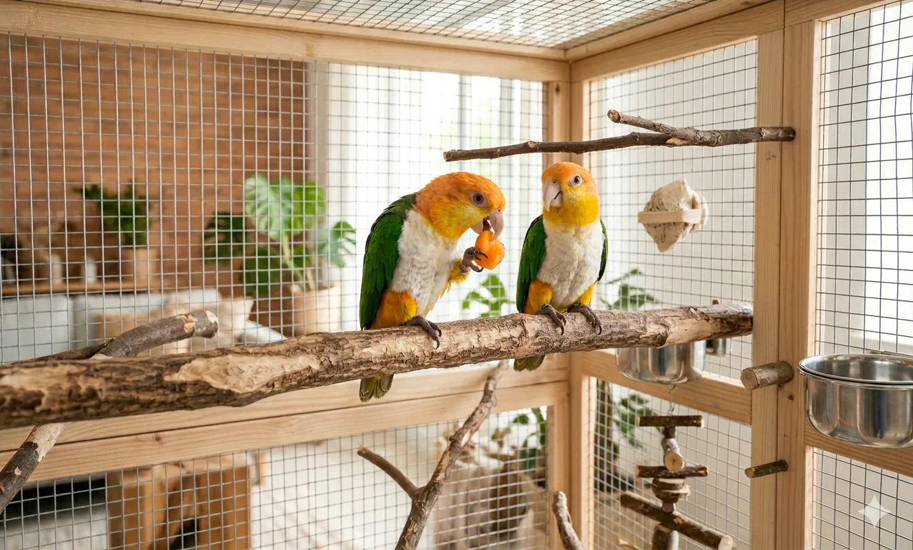 Two parrots in a spacious wooden cage with natural branch perches, metal bowls, and a cuttlebone