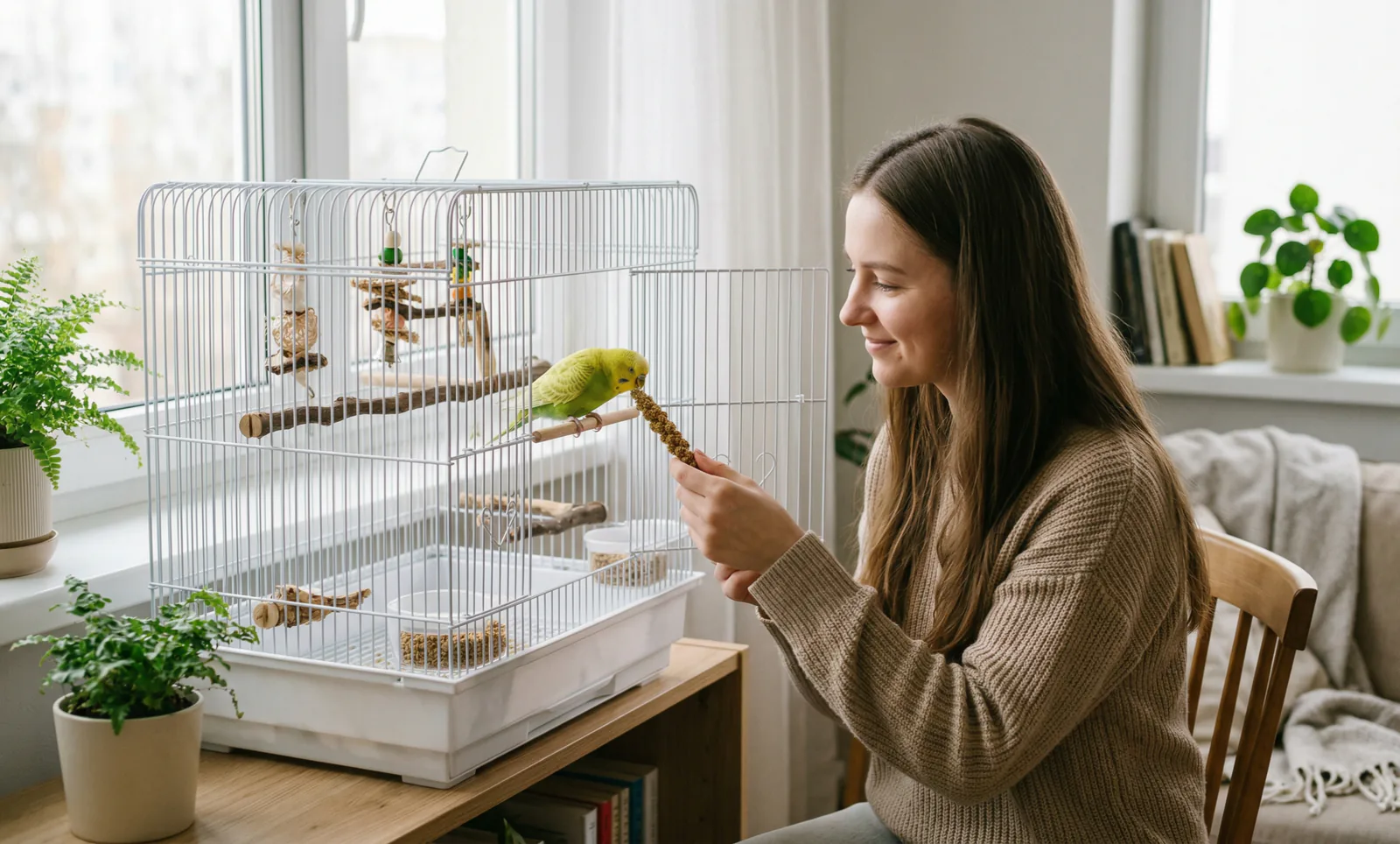 Woman offering millet to a new parrot through the cage to build trust at home