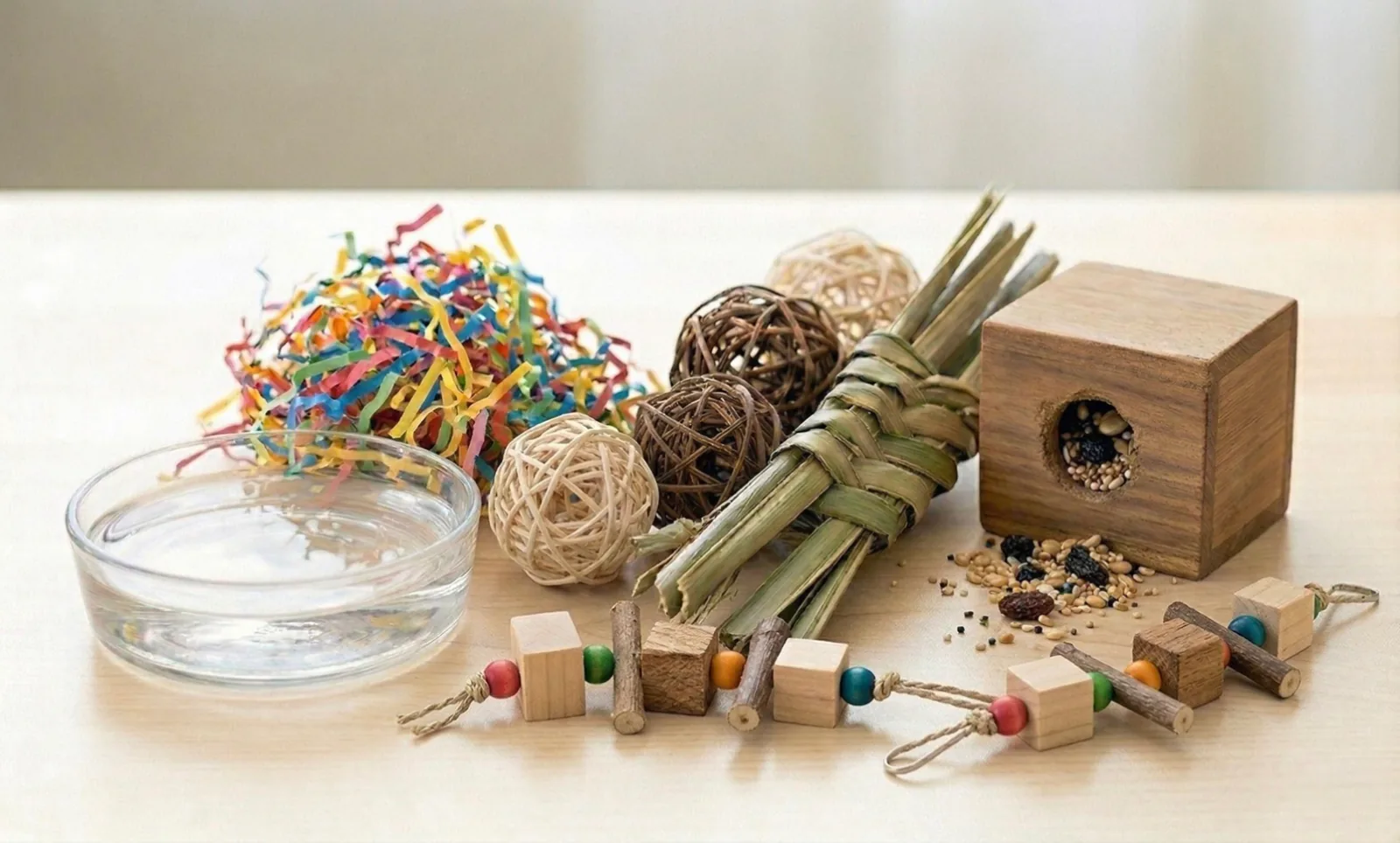 Natural parrot toys, shredded paper, a water bowl, and a wooden foraging box with seeds on a table