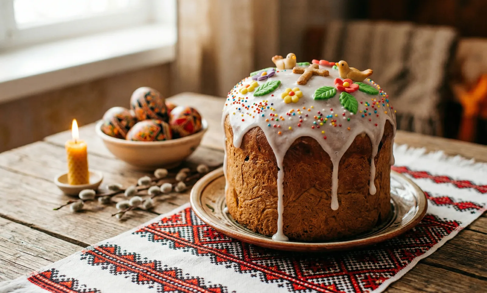 Paska bread, eggs and candle on table